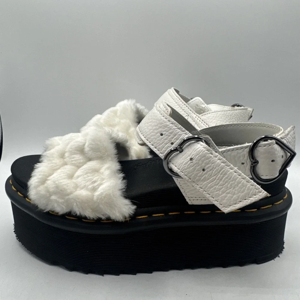 Dr Martens Voss Quad Fluffy Women's 7 Faux Fur Heart White Nappa Sandals